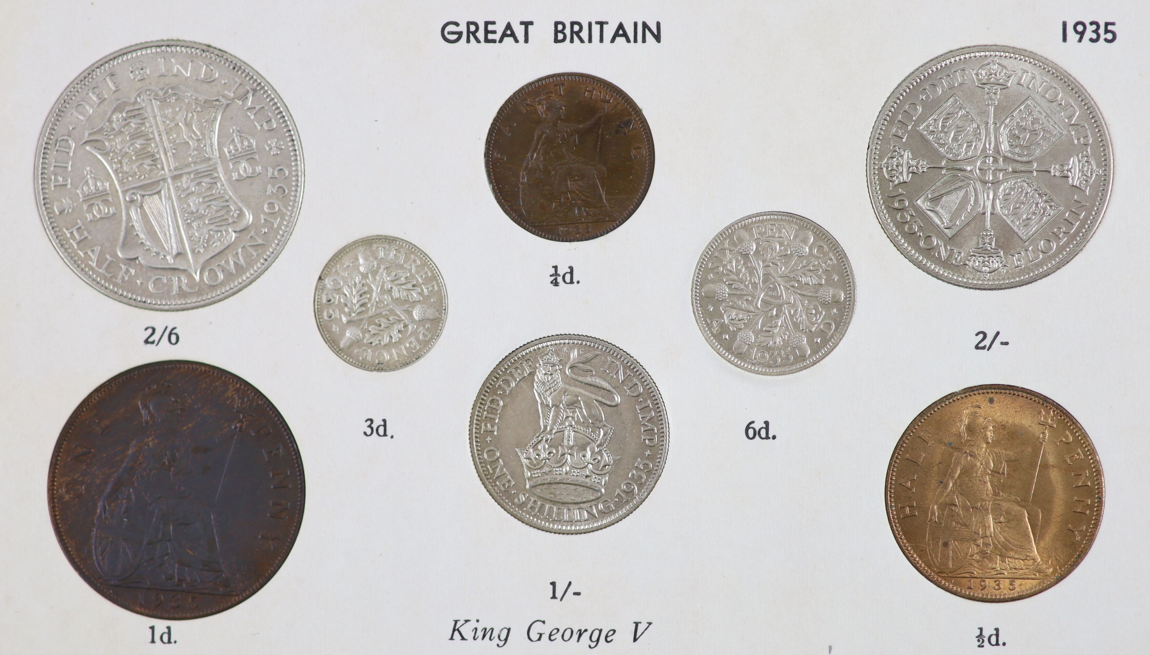 George V specimen set of nine coins, 1935, fourth coinage, comprising Crown (S4048), cleaned UNC, halfcrown and shilling, cleaned EF, florin, sixpence, cleaned UNC, the penny, halfpenny and farthing, toned UNC, halfpenny